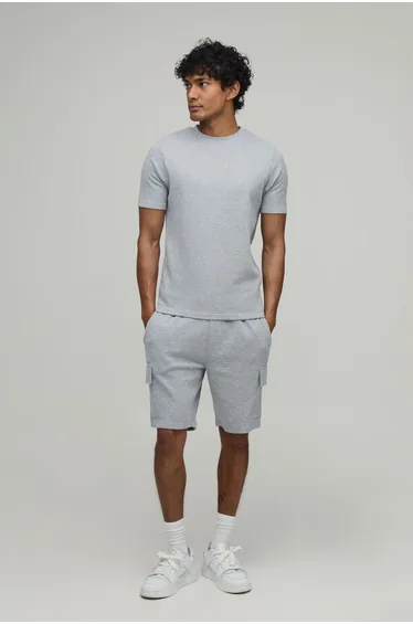 Slim Fit Waffle T-Shirt & Cargo Shorts Set - grey marl