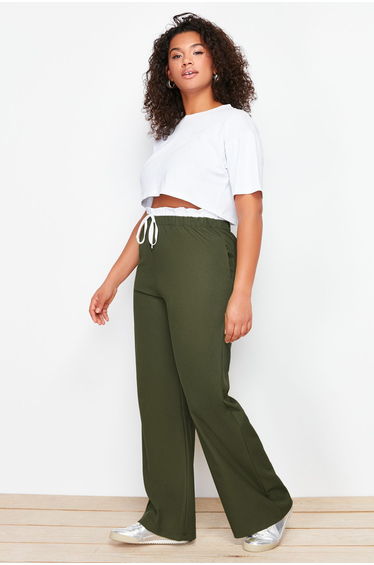 Khaki Wideleg Woven Trousers