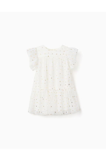 Sleeveless tulle dress with ruffles and stars for baby girls white
