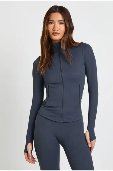 Contour Ribbed Zip Through Active Jacket - charcoal