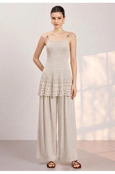 Beaded Strap Pointelle Knit Longline Cami Top in Oatmeal