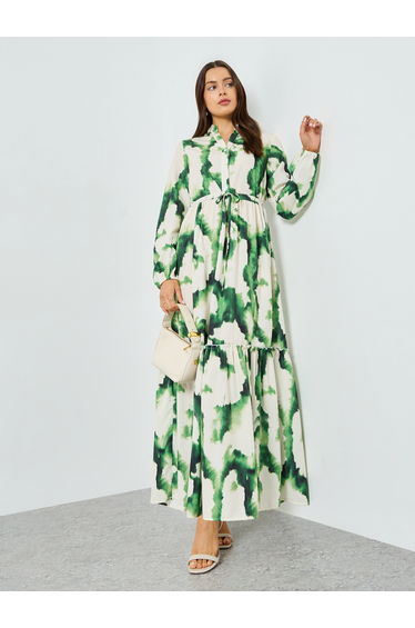 Green Floral Print Tiered Maxi Dress