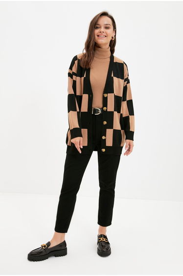 Camel Checkers Pattern Knitwear Cardigan