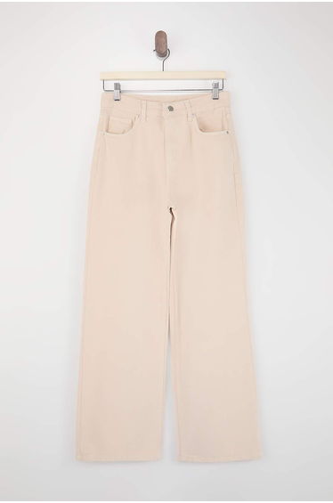 Beige High Waist 100% Cotton Wide Leg Wide Leg Jeans