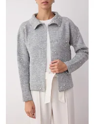 Gray Polo Collar Pearl Detailed Wide Pattern Knitwear Cardigan - 2