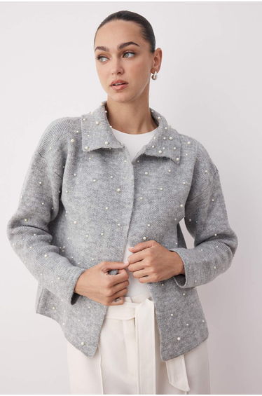 Gray Polo Collar Pearl Detailed Wide Pattern Knitwear Cardigan