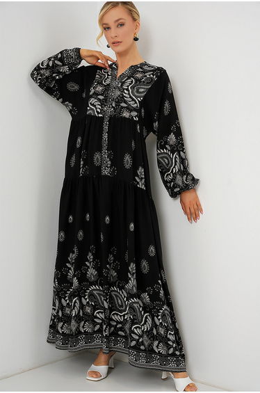 BDART Patterned V-Neck Maxi Dress with Button Closure