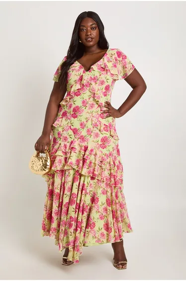 Plus Dobby Chiffon Floral Frill Detail Maxi Dress - sage