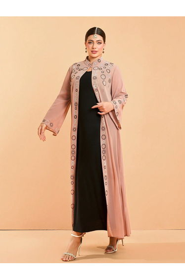 Leely Plus Middle East Arabic Muslim Turkish Abaya | Women's Loose Long Sleeve Stand Collar Hot-Fix Rhinestone Cardigan Robe
