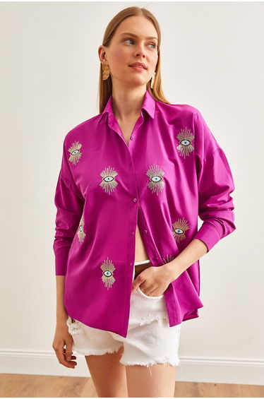Women's Eye Violet Sequin Detailed Woven Boyfriend Shirt