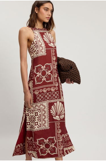 Linen Viscose Tile Print Woven Midi Dress