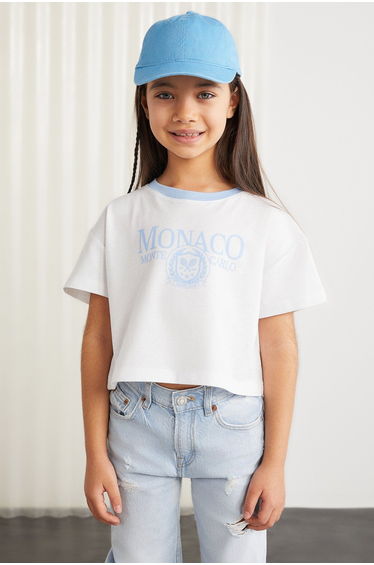 BITTEN Girls 100% Cotton Printed Contrast Color Collar Short Sleeve Blue T-Shirt