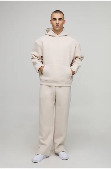 Oversized Boxy Bonded Scuba Hooded Split Hem Tracksuit - stone