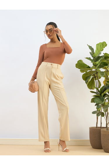 Beige Front Dart Straight Leg Pants