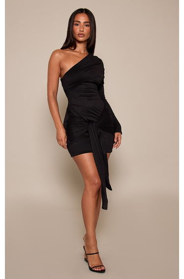 Petite Black Tie Waist Off Shoulder Mini Dress