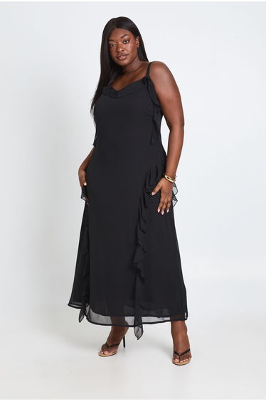 Plus Chiffon Ruffle Maxi Dress - black
