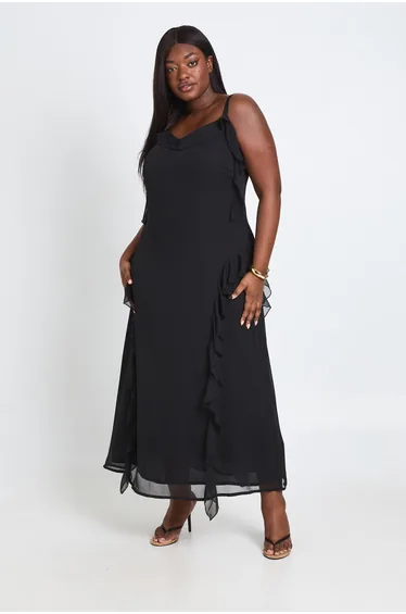 فستان بوهو شيفون أسود ميداكسي على شكل حرف A - للمقاسات الكبيرة