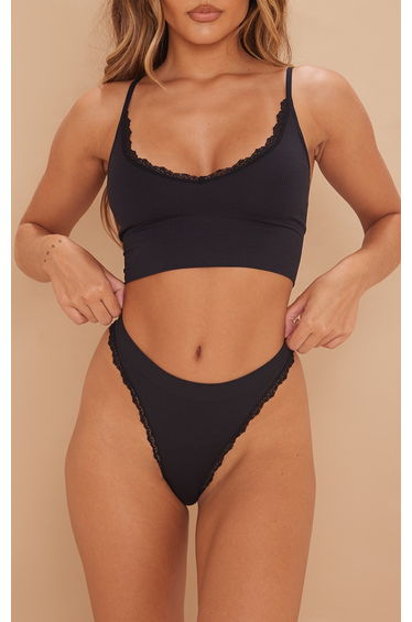 Black Seamless Rib Lace Trim Thong