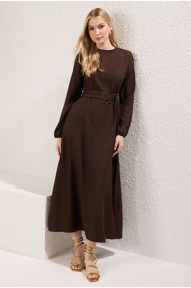 Brown Belted Woven Dress