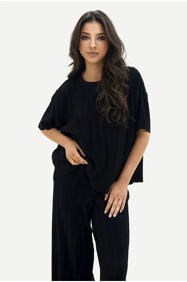Black cotton pleated T-shirt