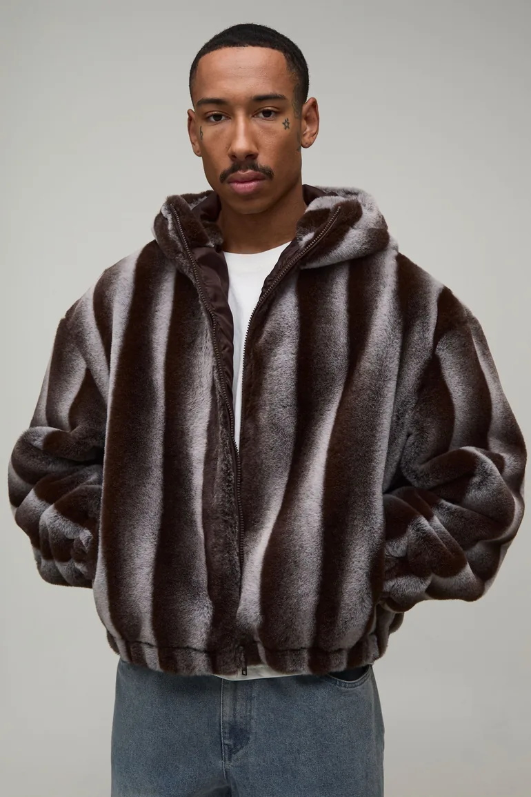 Oversized Boxy Fit Striped Faux Fur Hooded Jacket