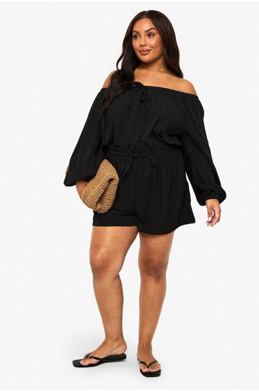 Plus Textured Cheesecloth Off Shoulder Playsuit - black