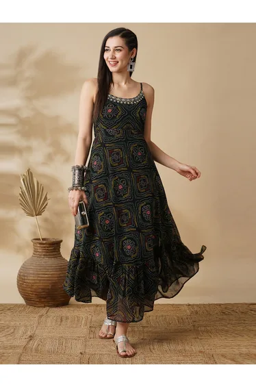 Strappy Shoulder Bandhani Print Maxi Dress