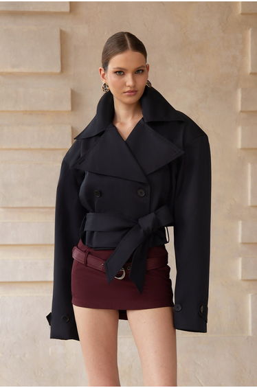 Avril Black Double-Breasted Short Trench Coat