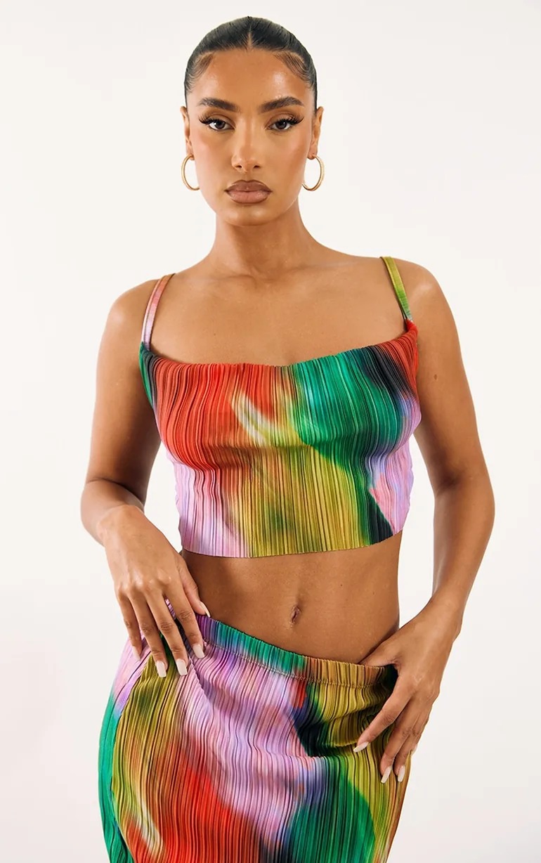 Multi Print Plisse Strappy Cowl Neck Top