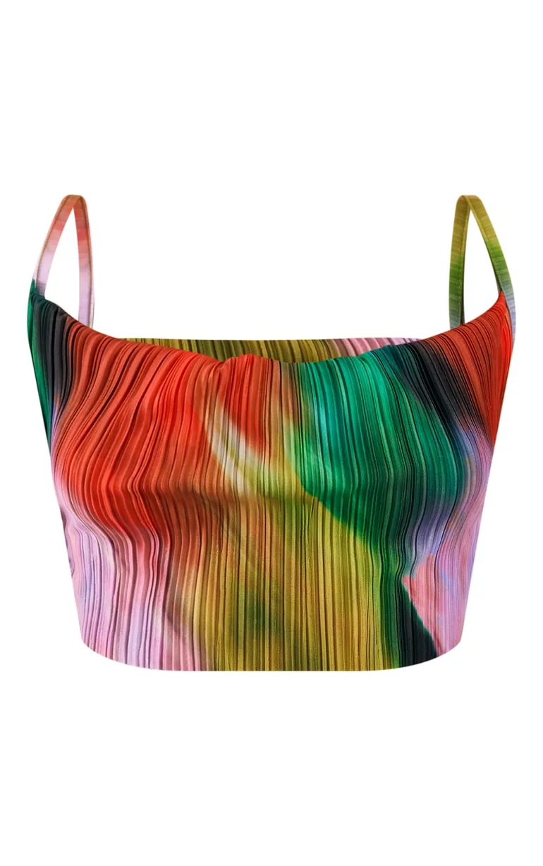 Multi Print Plisse Strappy Cowl Neck Top - 4