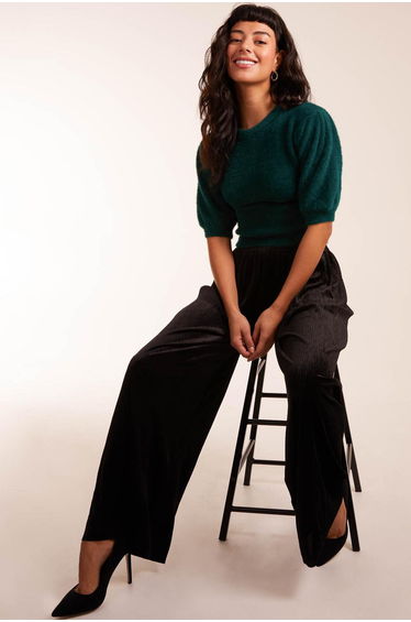 Wide Leg Textured Velour Trouser