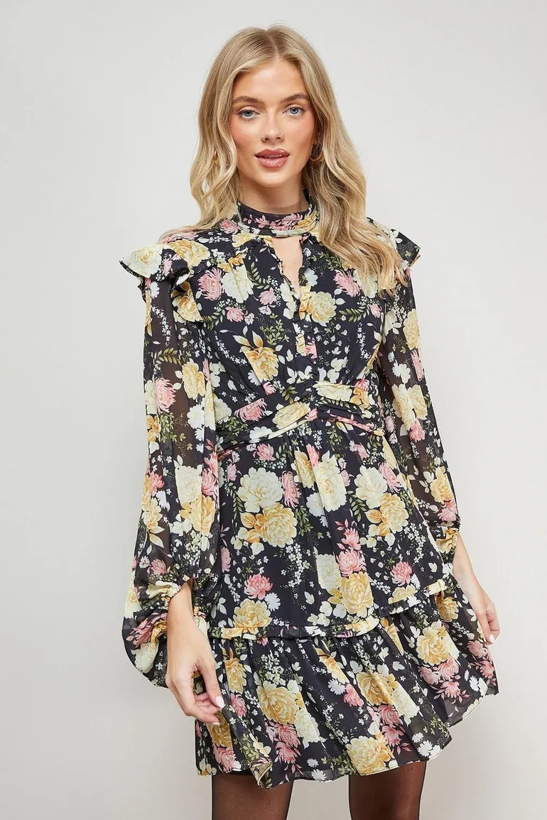Printed Ruched High Neck Mini Fit And Flare Dress Oasis Multicolour : Party  Dresses : VogaCloset Iraq