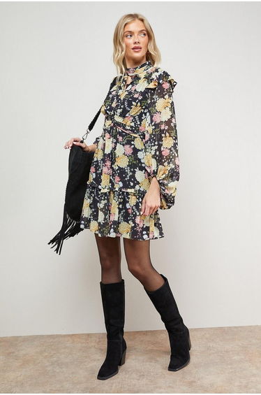 Printed Ruched High Neck Mini Fit And Flare Dress