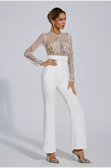 Jaycee White Sequin Mesh Jumpsuit