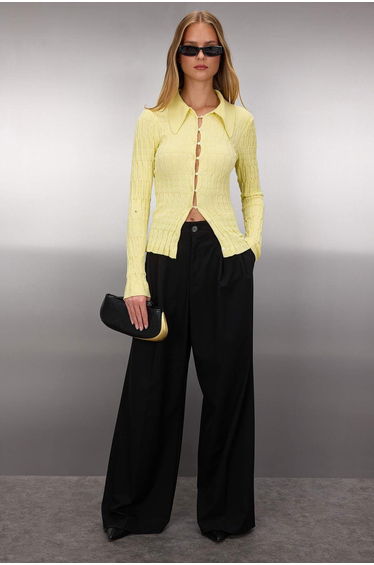 Yellow Textured Polo Collar Premium/Special Yarn Fitted/Body-Smoothing Knitwear Cardigan