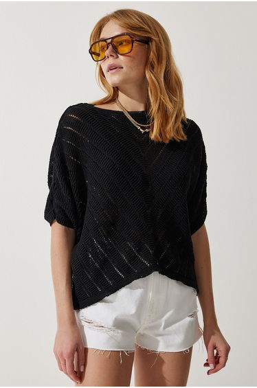Women's Black Openwork Bat Knitwear Blouse