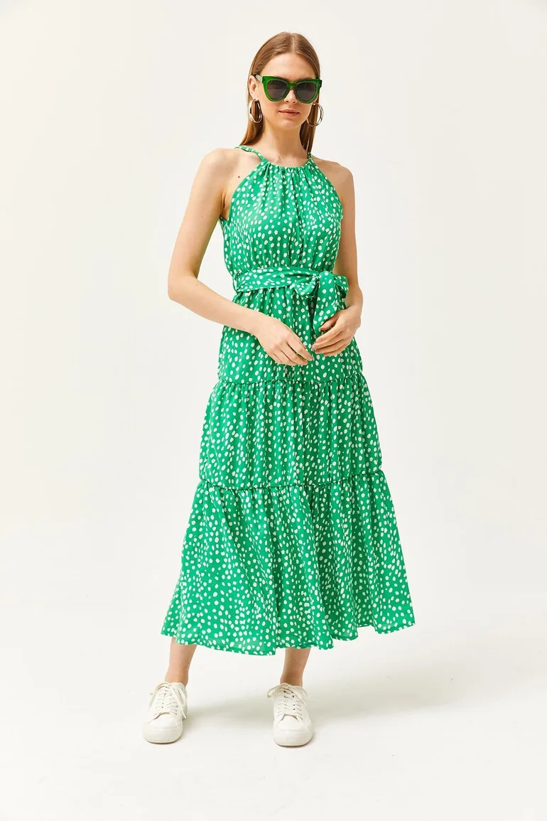 Shop Women's Polka Dot Green Halter Neck Belted Woven Viscon Dress Online  in Bahrain