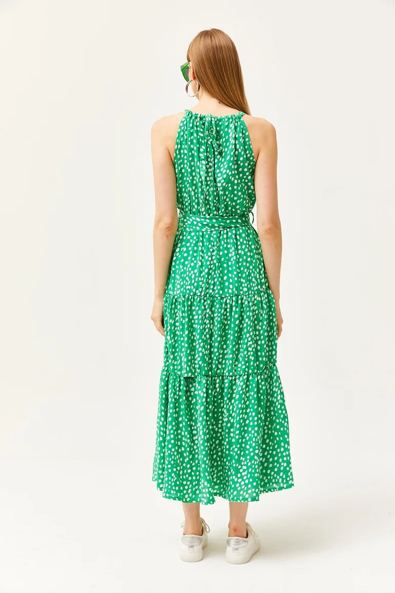 Shop Women's Polka Dot Green Halter Neck Belted Woven Viscon Dress Online  in Bahrain