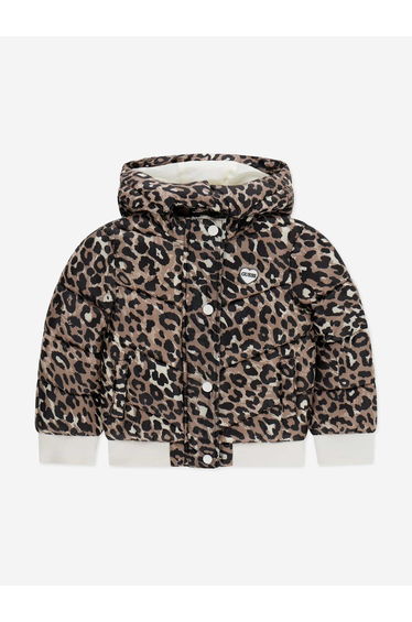 Guess Girls Leopard Print Hooded Puffer Jacket in Brown