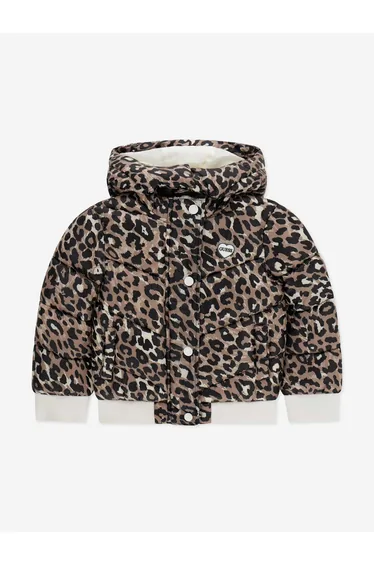 Guess Girls Leopard Print Hooded Puffer Jacket in Brown