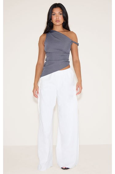 Grey Woven Asymmetric Hem Ruched Long Top