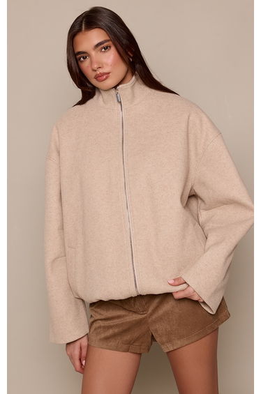 Stone Brown Funnel Neck Ruched Sleeve Wool Bomber