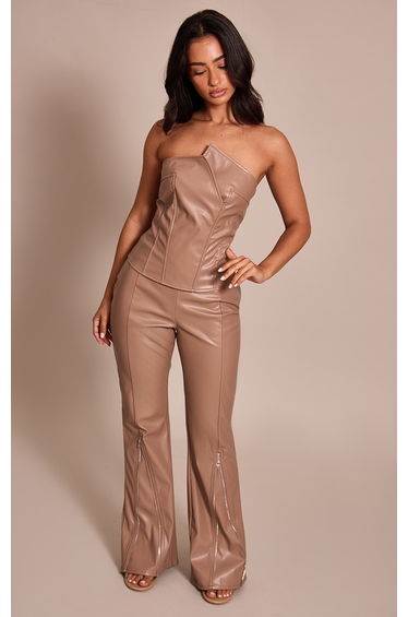Petite Taupe Faux Leather Zip Detail Trousers