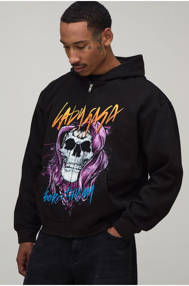 Black Oversized Boxy Lady Gaga License Printed Zip Through Hoodie - black