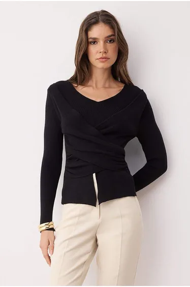 Black Premium Yarn/Special Yarn Fitted/Draped Knitwear Sweater