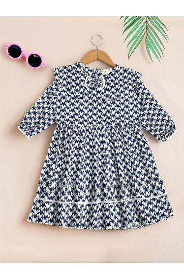 All-Over Abstract Print Ruffle Trim Cotton Dress