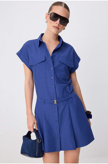 Navy Blue Belt Pack Short / Mini Woven Shirt Dress