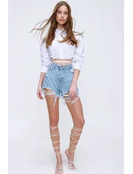 Women's White Laced Crop Poplin Shirt - 3