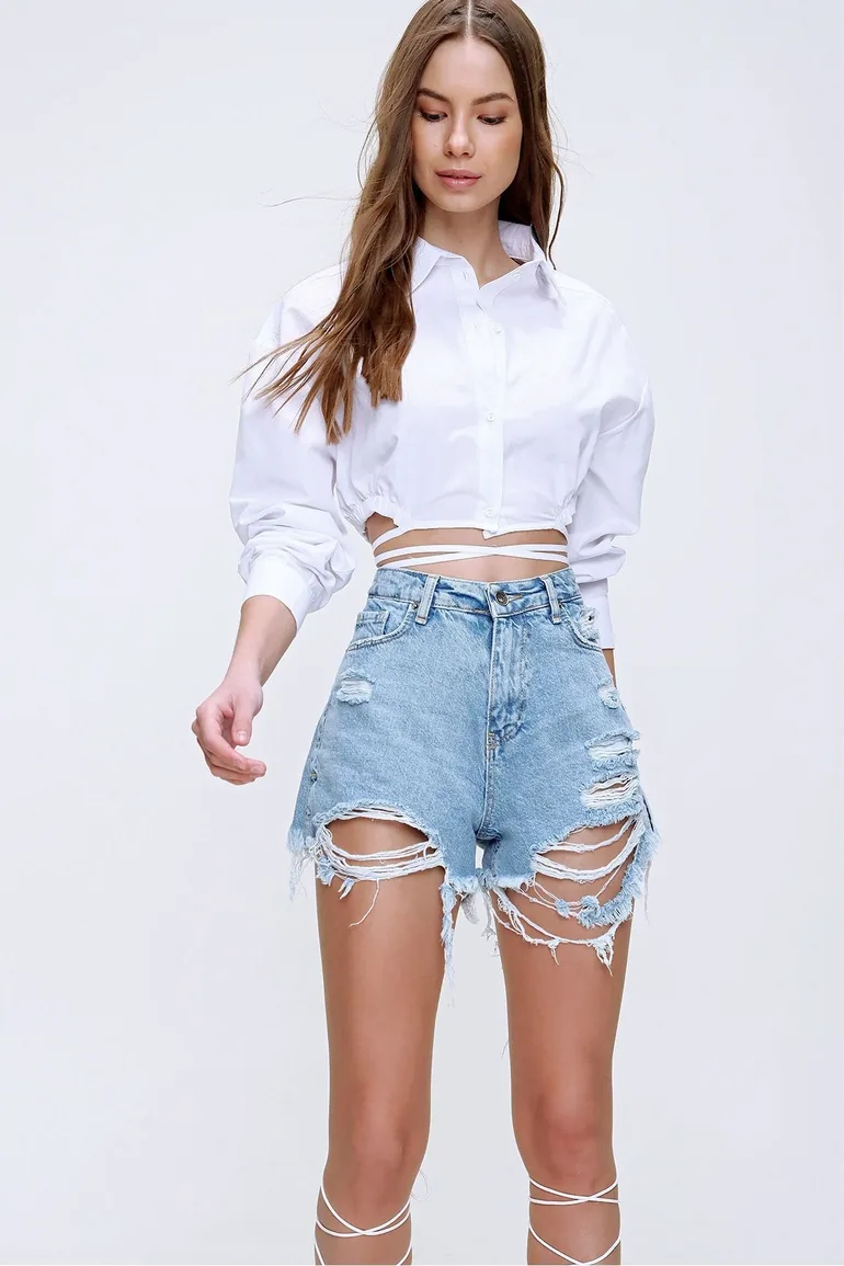 Women's White Laced Crop Poplin Shirt - 5