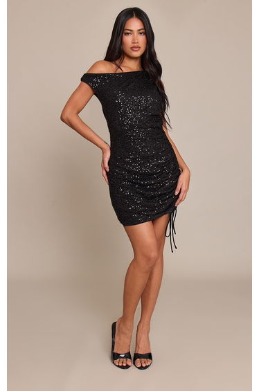 Black Sequin One Shoulder Ruched Mini Dress